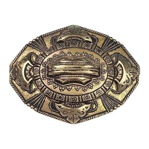 Vintage Art Deco Brooch Fleur-de-lis Star Domed Antiqued Brass Oval 1940s 2.25"